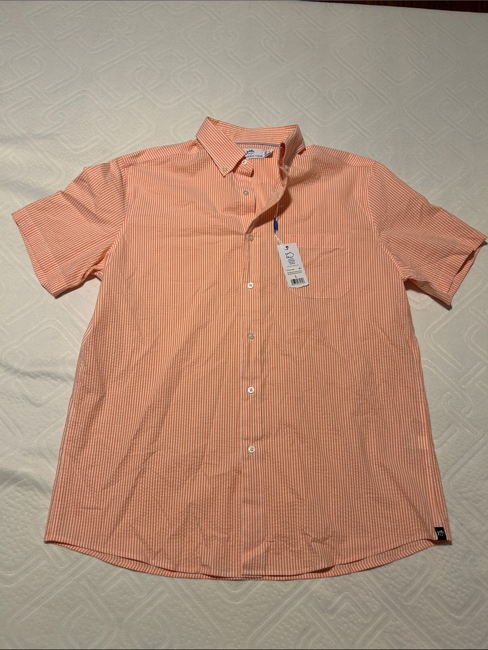 Southern Tide Peach and White Stripe Short Sleeve Button-Down Shirt